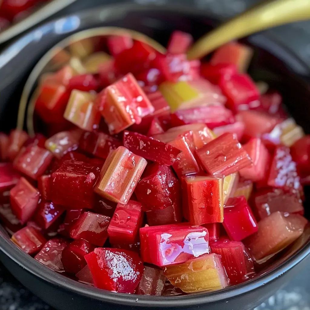 Side view of homemade rhubarb compote showcasing its glossy texture.
