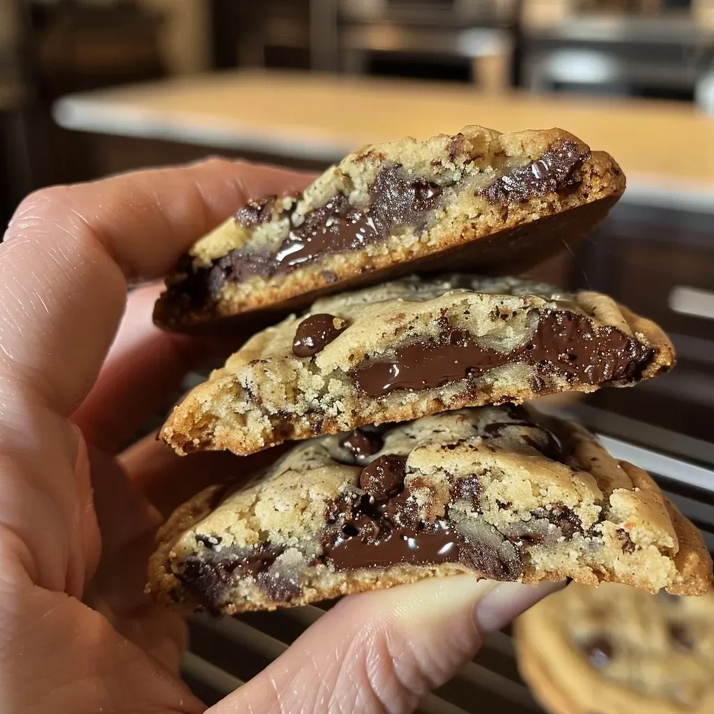 Juicy gluten-free chocolate chip cookies displayed side by side on a wooden surface.