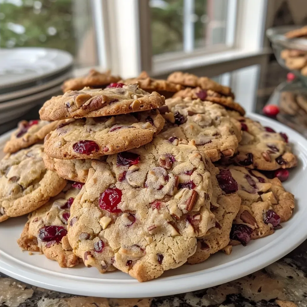 Close-up view of freshly baked cranberry cookies, highlighting their soft texture and rich colors.