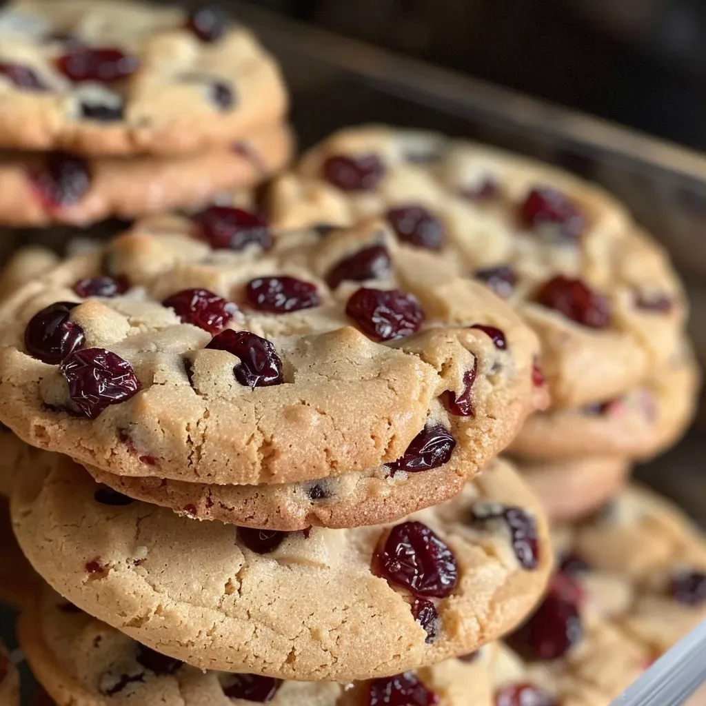Close-up of golden-brown cranberry chocolate chip cookies stacked on a plate.
