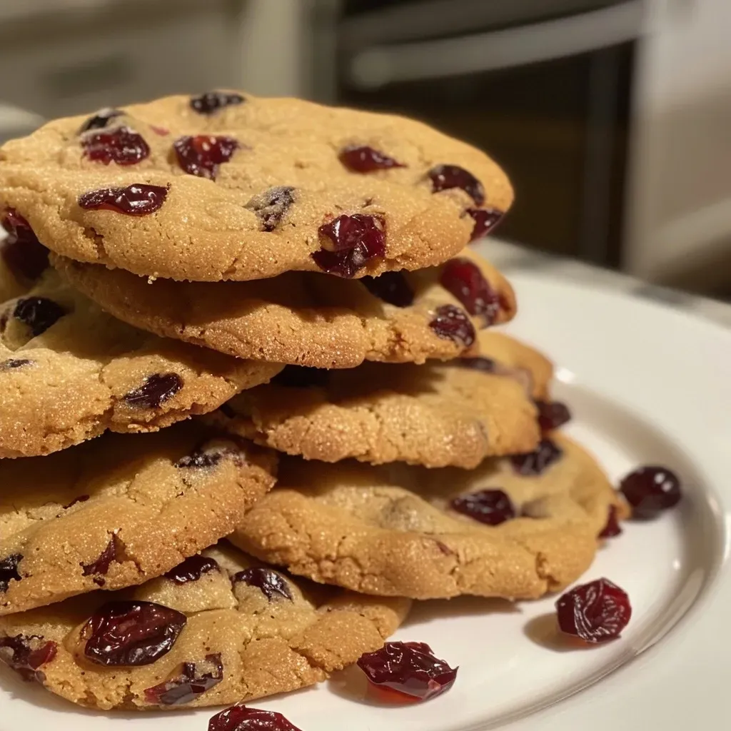 Side angle of juicy cookies studded with vibrant cranberries and chunks of dark chocolate.