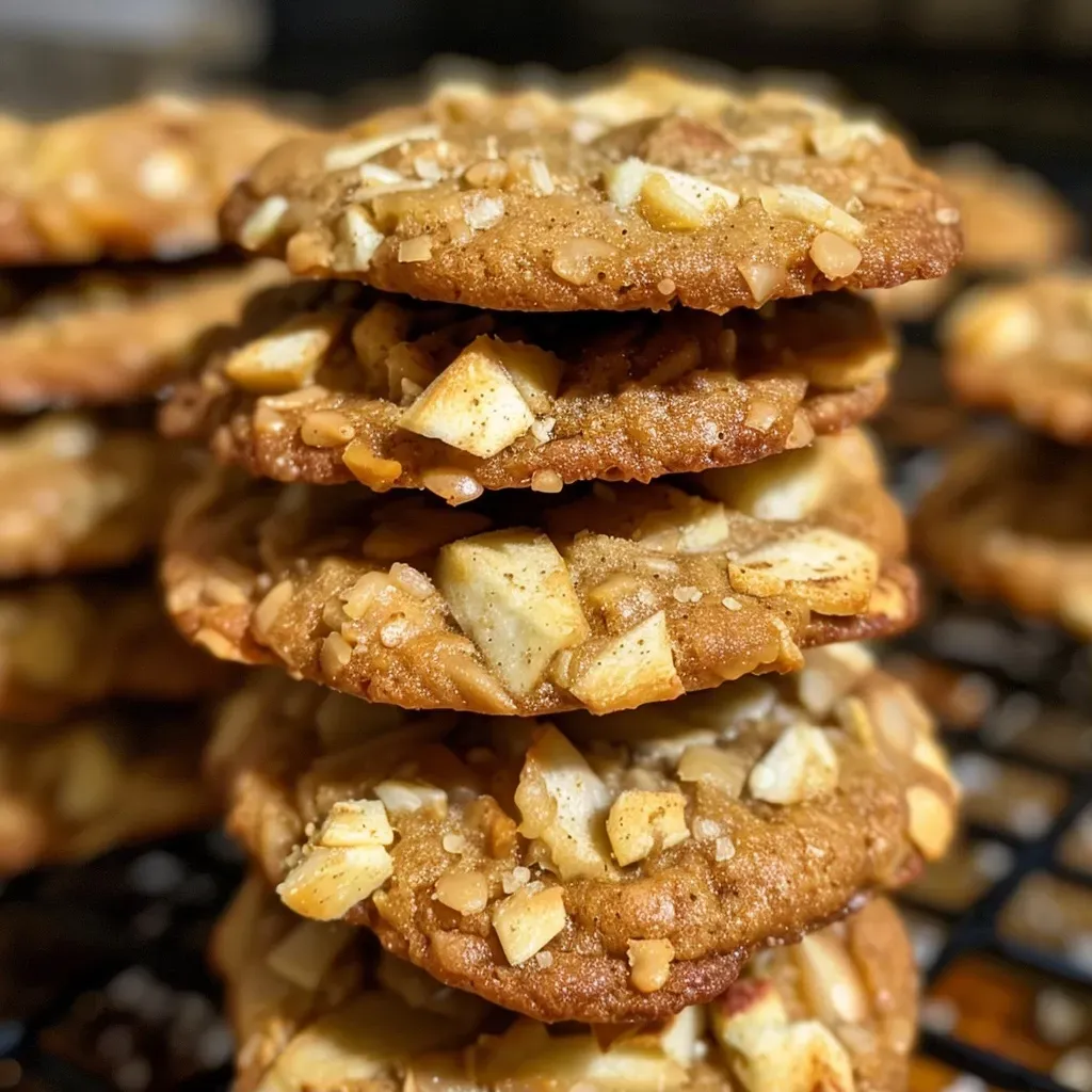 Close-up view of chewy cinnamon apple cookies with a golden-brown surface.