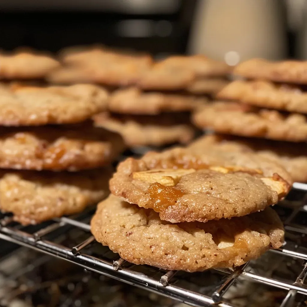 Side view of a stack of freshly baked apple cookies showcasing a soft texture.