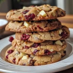 Close-up view of mouth-watering white chocolate cranberry cookies, showing texture and color.