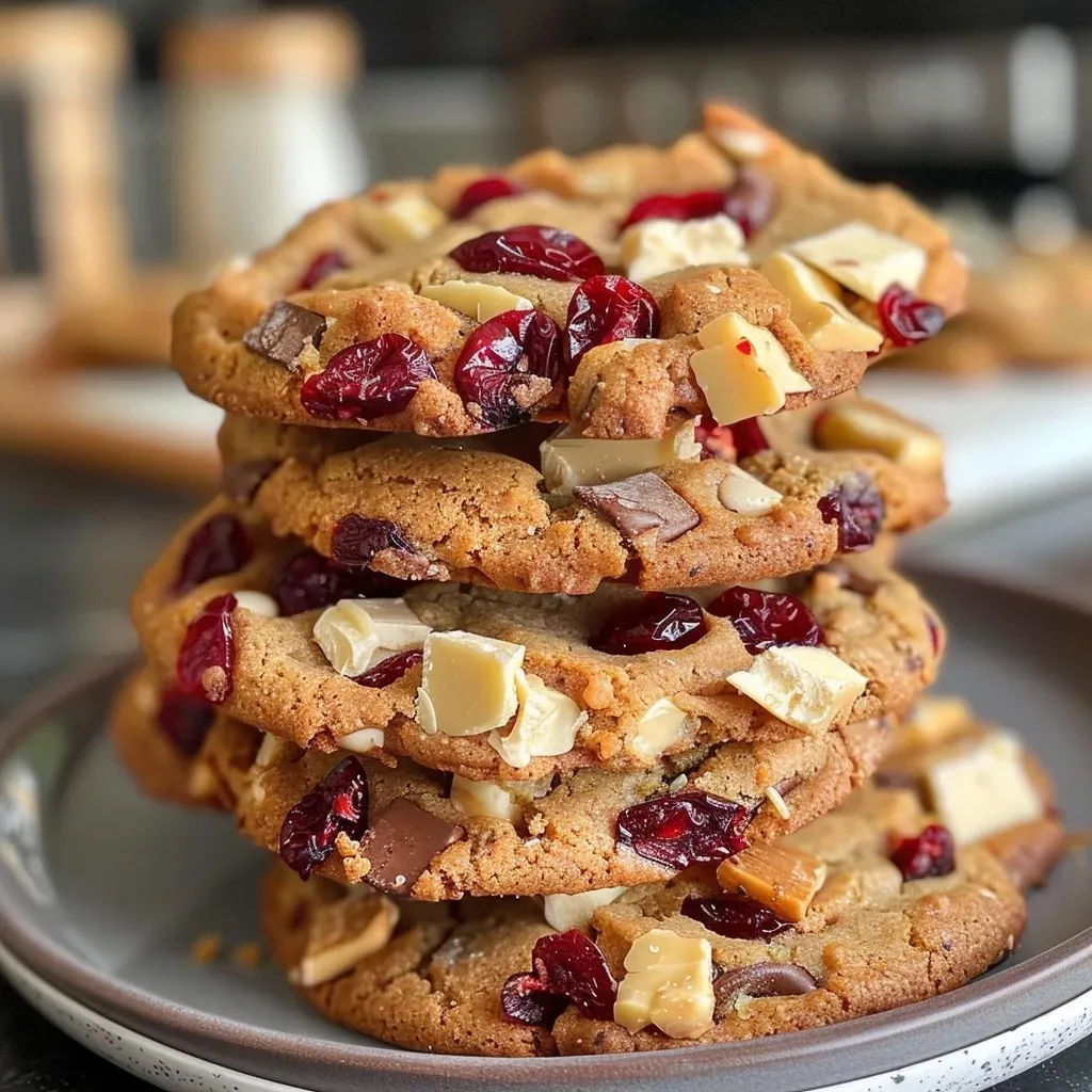 Juicy white chocolate and cranberry cookies stacked together, highlighting their soft texture.