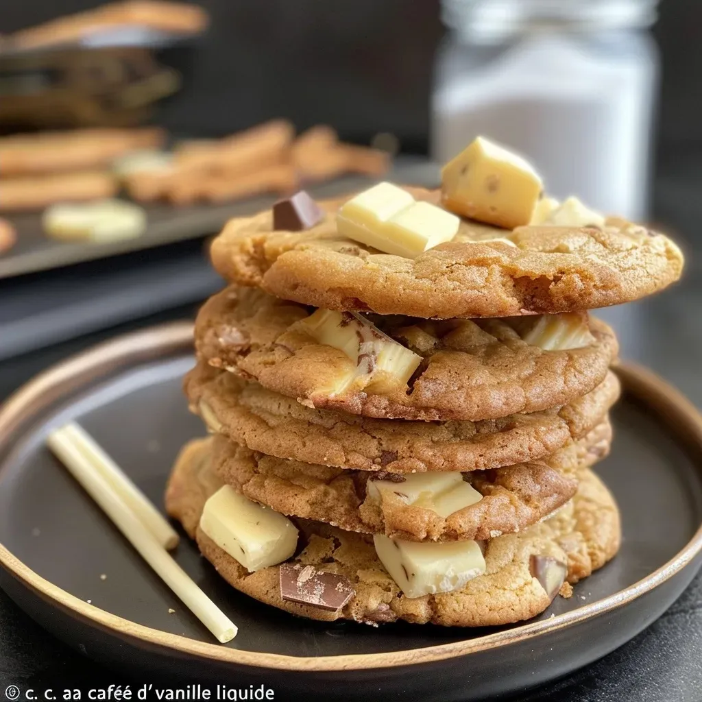 Side angle image of warm, soft cookies with chunks of white chocolate and a pumpkin base.