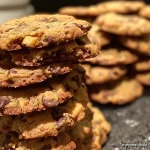 A close-up side view of a freshly baked oatmeal and cranberry cookie.