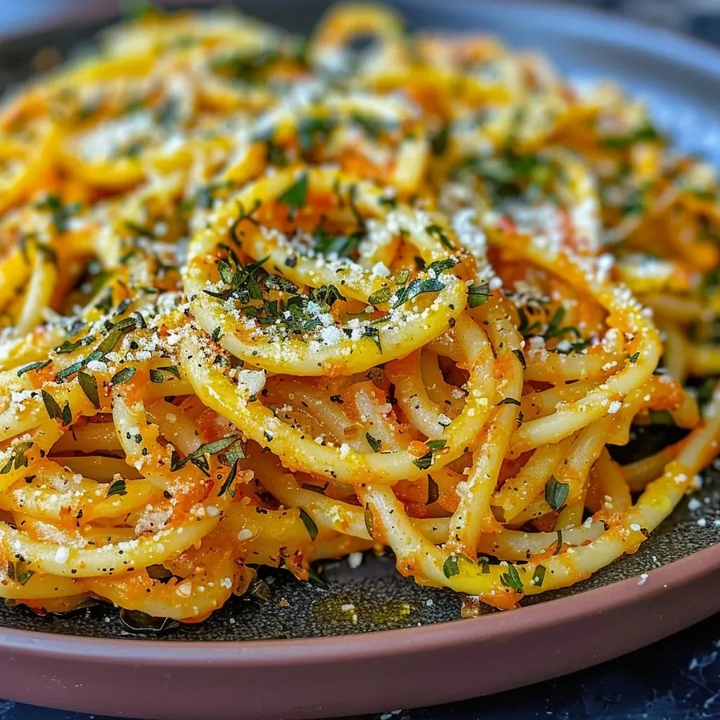 Side angle image of baked courge spaghetti, showcasing its golden texture.