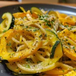 Close-up of spaghetti squash served with pesto and garnished with pistachios.