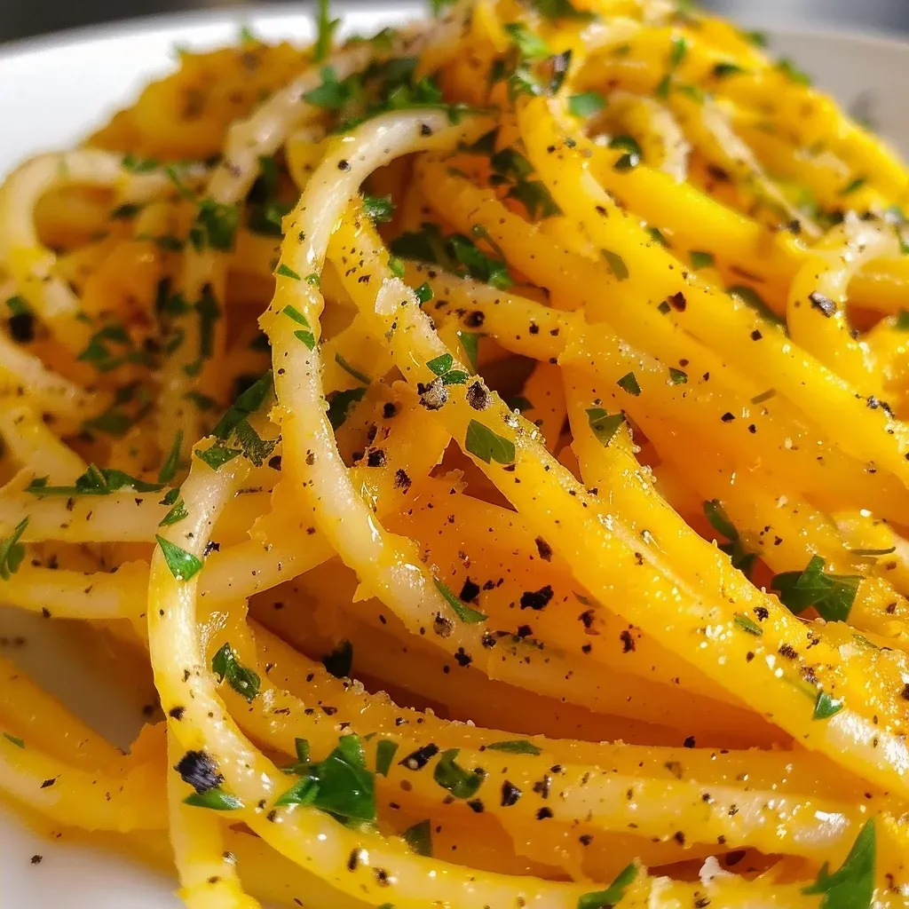 Side view of a succulent courge spaghetti dish, highlighting its juicy texture and fresh herbs.