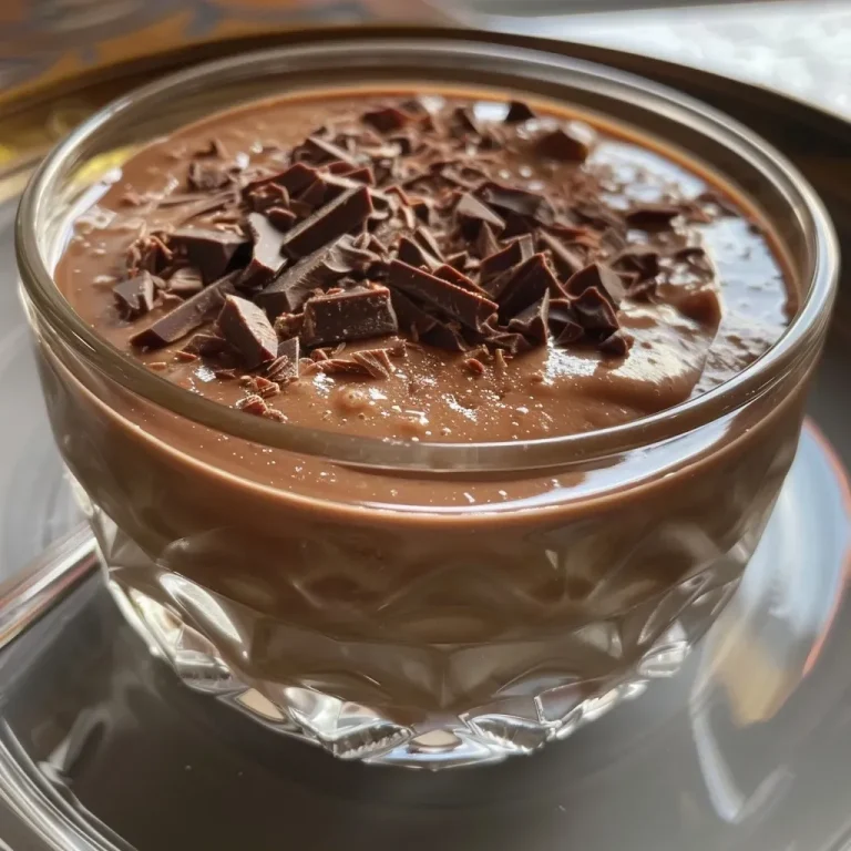 La crème au chocolat réconfortante qui fait plaisir sans culpabilité Close-up side view of a rich chocolate crème aux chocolat in a glass dish.