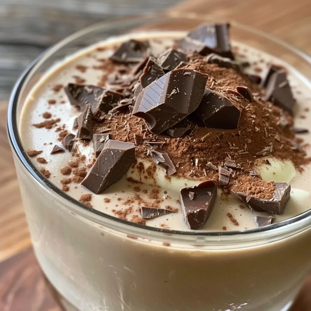 Creamy chocolate dessert showcasing a smooth, glossy texture and dark color.
