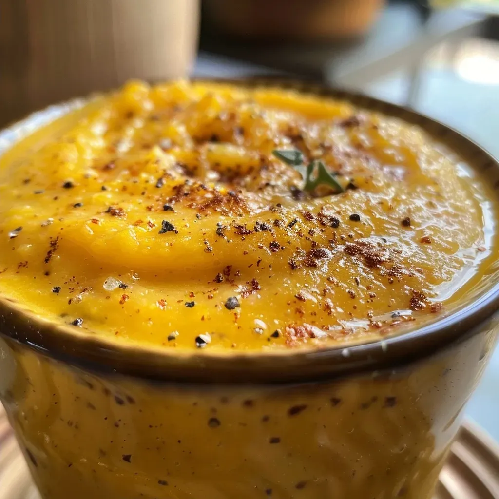 Rich and smooth crème de céleri-rave served in a bowl, topped with a sprinkle of curry powder.