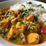 A vibrant vegetable curry featuring broccoli, cauliflower, and chickpeas in a creamy sauce.