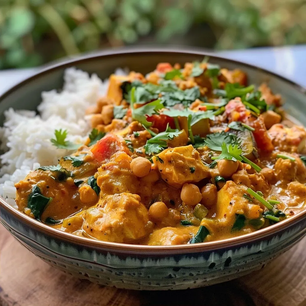 Close-up view of a bowl of anti-inflammatory vegetable curry with colorful ingredients.