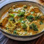 Close-up view of creamy broccoli curry with coconut milk.