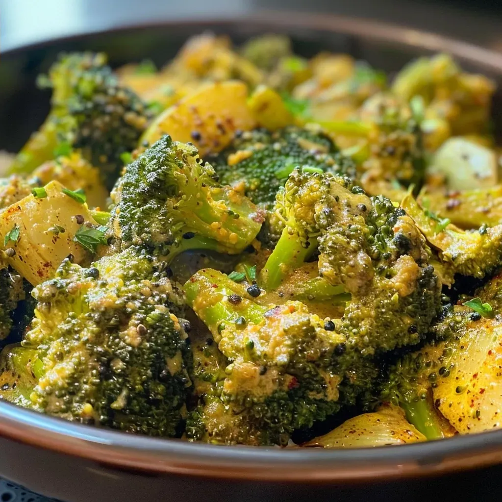 Side view of a bowl filled with vibrant green broccoli curry.
