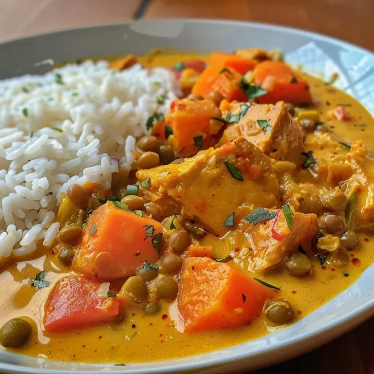 Close-up of a vibrant curry featuring celery root and coconut milk.