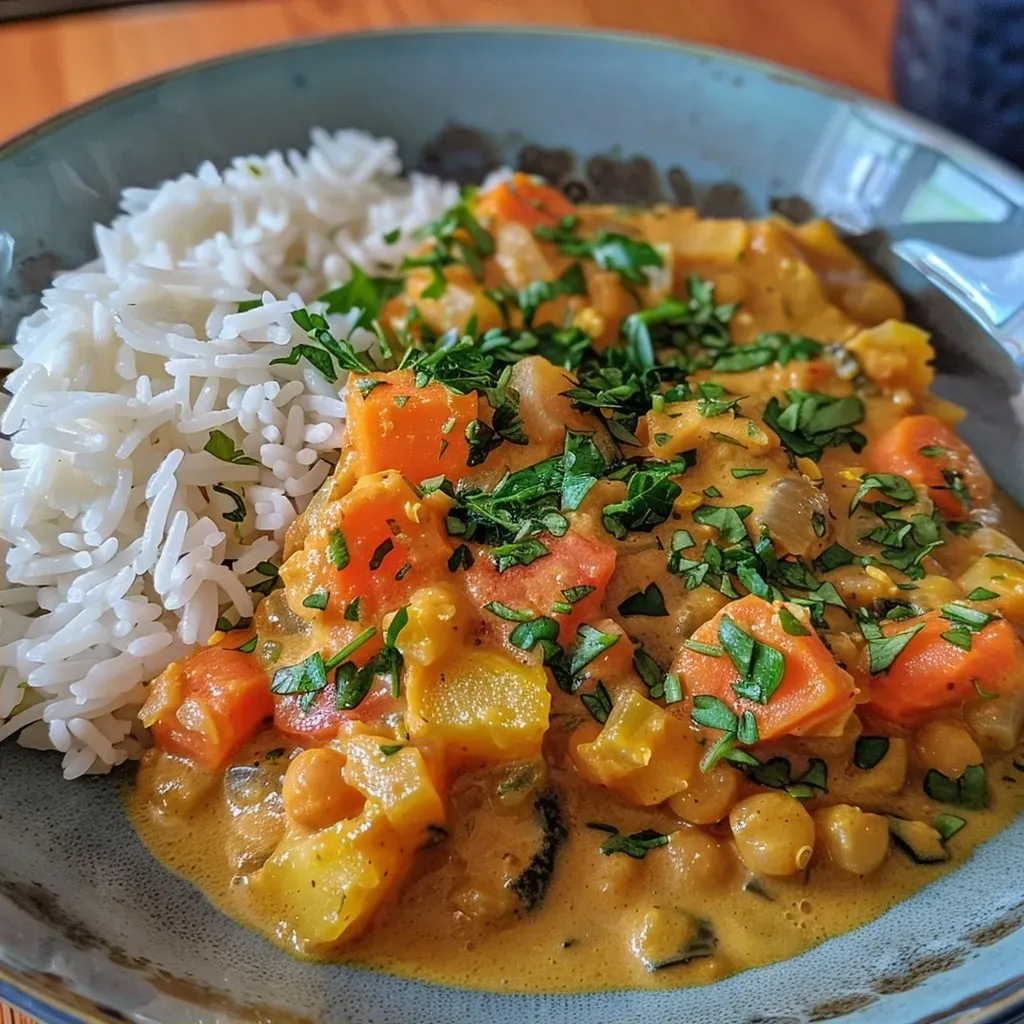Side view of a colorful dish of celery root curry garnished with coriander.