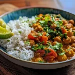 Close-up of a creamy chickpea curry served in a bowl, showcasing vibrant colors and textures.