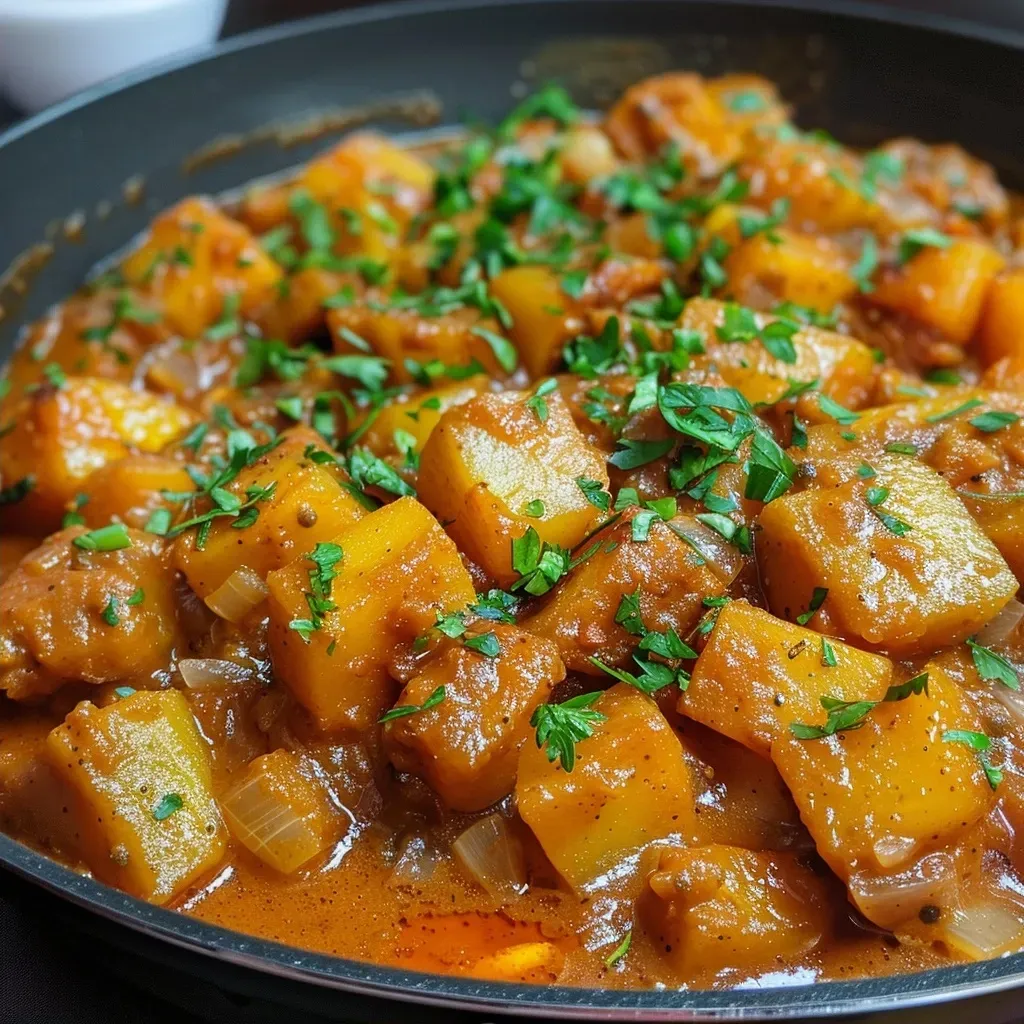 Side view of a delicious potato curry featuring spices and coconut milk in a styled plate.