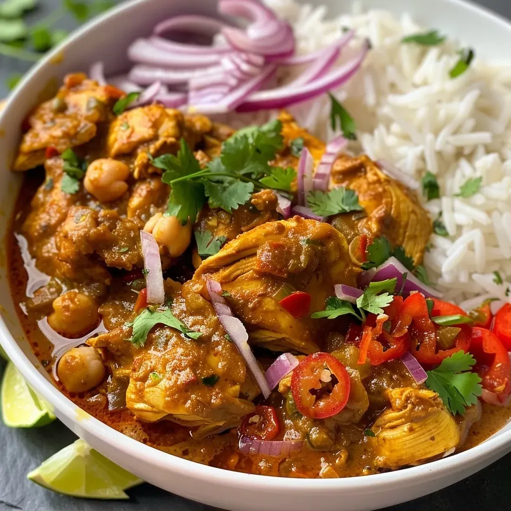 Close-up view of a delicious air fryer chicken curry with vibrant colors and fresh ingredients.