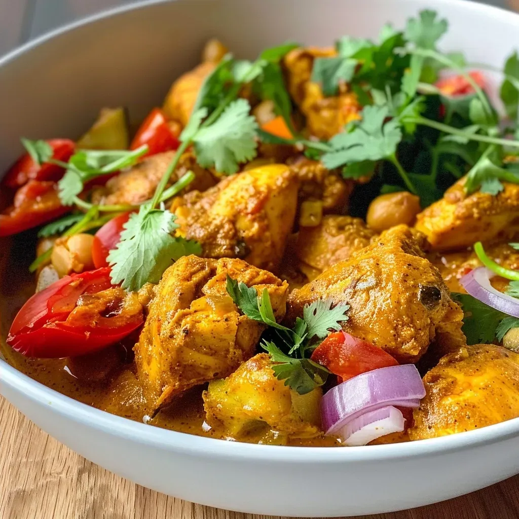 Juicy chicken curry made in an air fryer, showcasing rich spices and garnished with cilantro.