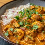 Close-up view of a creamy chicken curry with spices and herbs.