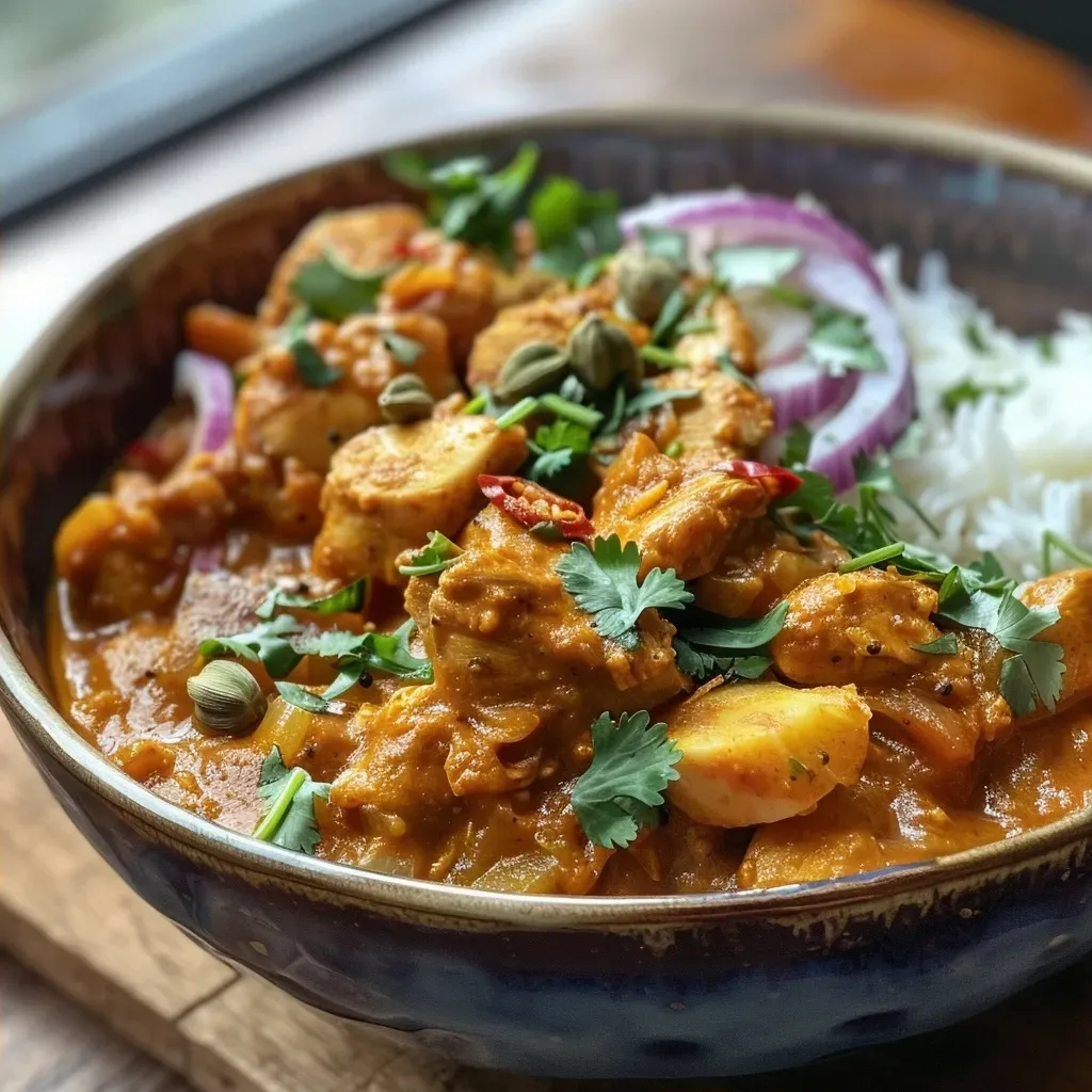 Side angle of a bowl filled with vibrant chicken curry garnished with coriander.