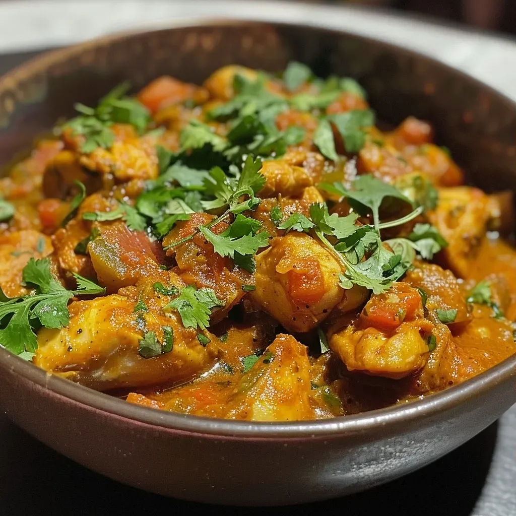 Close-up of a juicy Indian chicken curry in a bowl, garnished with cilantro and curry leaves.