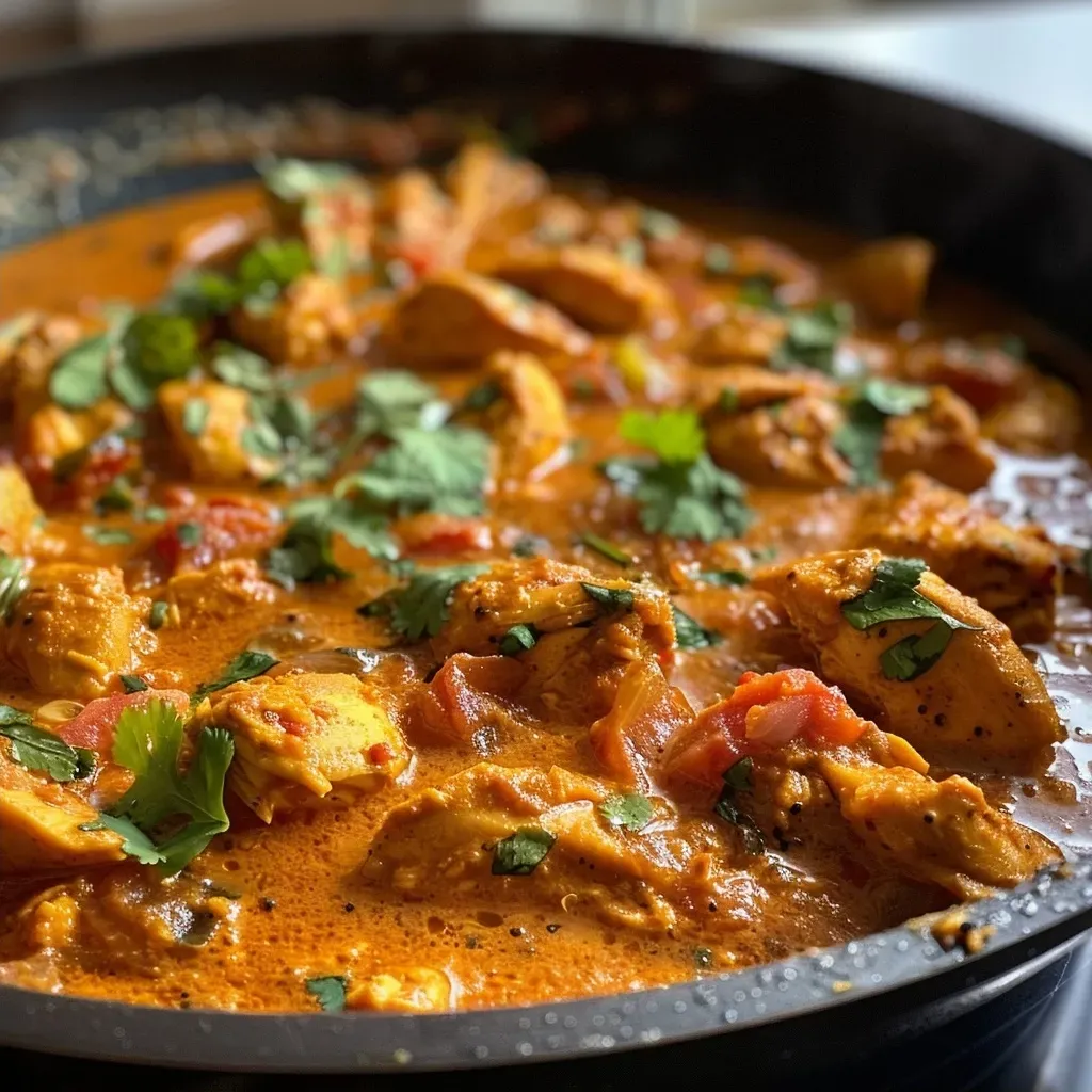 Side view of a rich and creamy chicken curry, showcasing tender chicken pieces and vibrant spices.