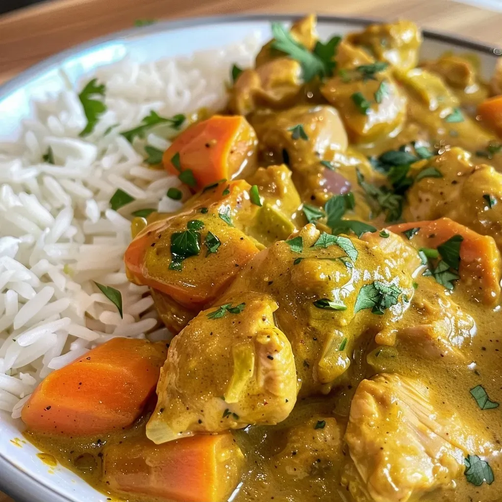 Close-up view of healthy chicken curry in a bowl, showcasing vibrant vegetables and spices.