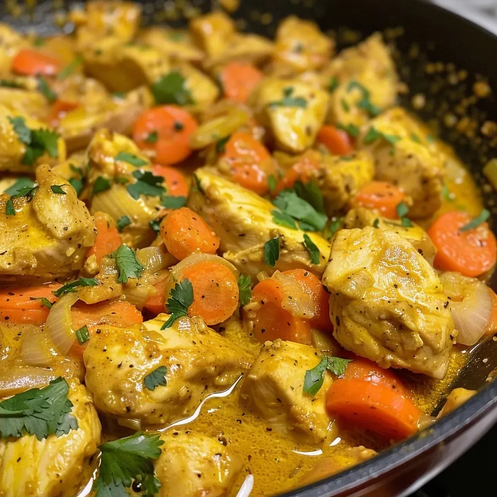 Side angle shot of a hearty chicken curry with diced chicken, carrots, and garnished with cilantro.