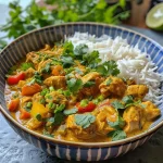 A close-up side view of a bowl filled with vibrant coconut curry featuring chicken and vegetables.