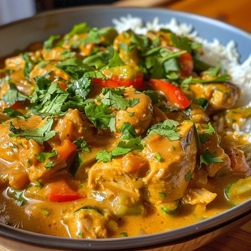 Side view of a delicious curry de poulet dish topped with green onions and served with rice.