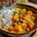 A vibrant bowl of vegan curry with colorful vegetables and chickpeas.