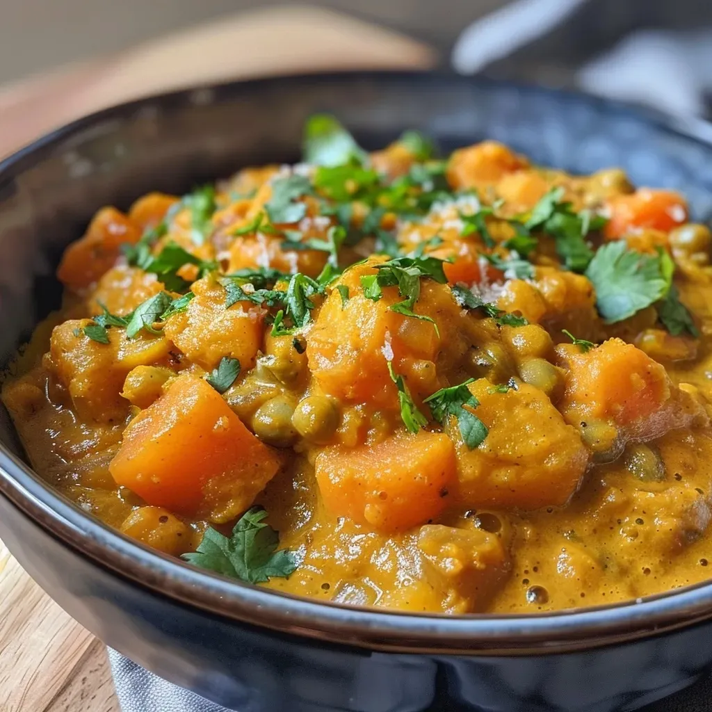 Close-up view of a creamy vegan curry featuring carrots and sweet potatoes.