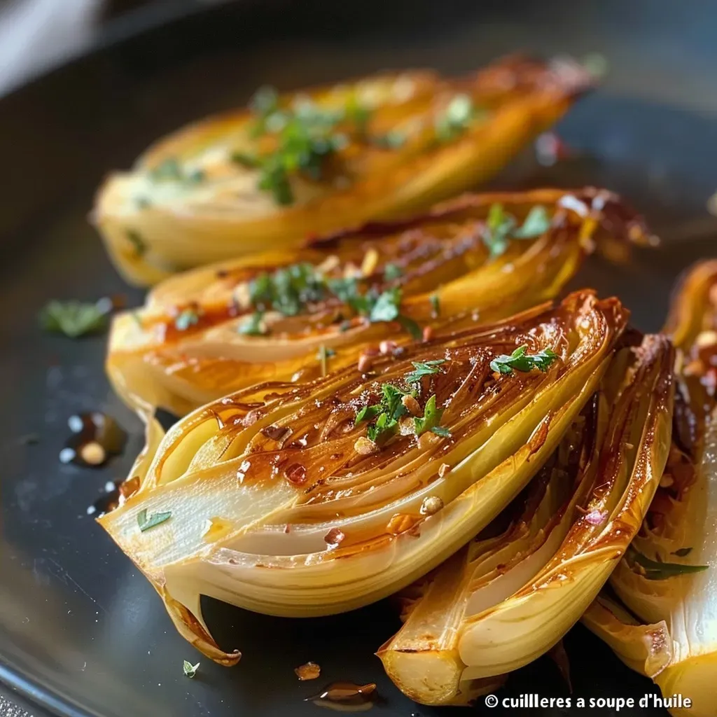 Juicy, caramelized endives served on a plate.