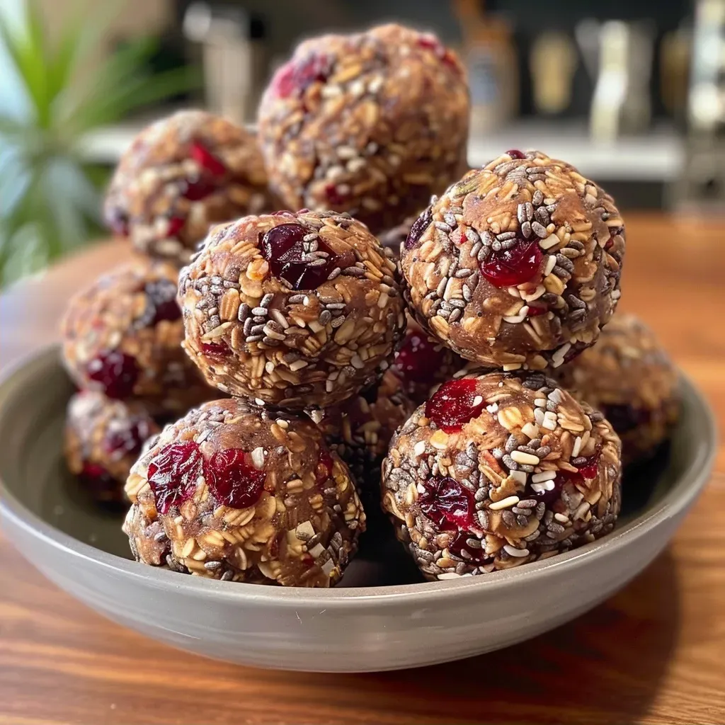 A side view of homemade energy balls, highlighting ingredients like nuts and chocolate.