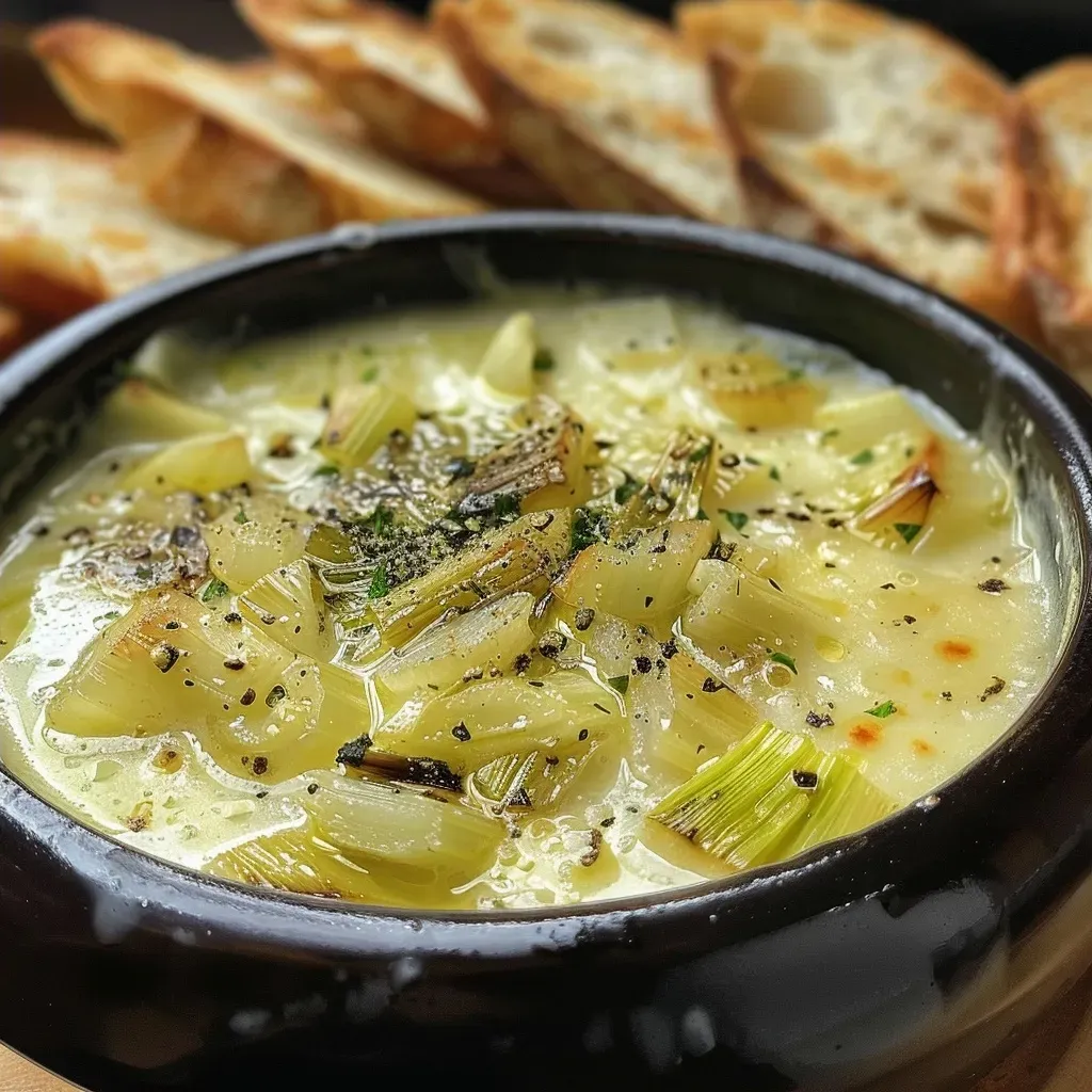 Side perspective of a delicious leeks fondue served in a bowl, creamy consistency visible.