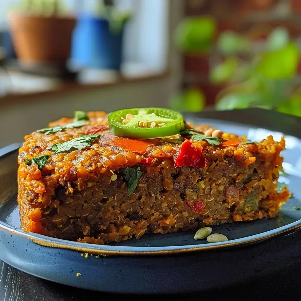 Close-up side view of a protein cake topped with a sprinkle of hemp hearts.