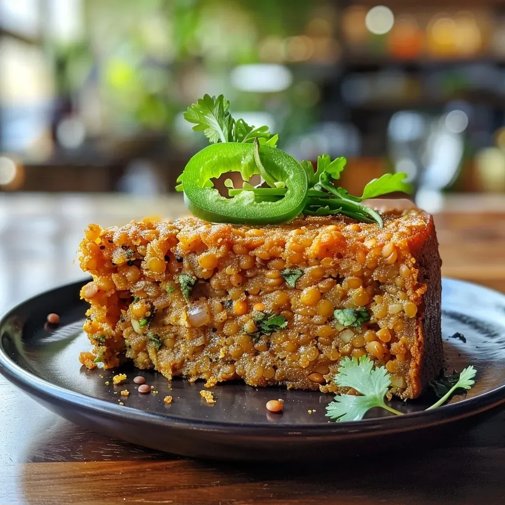 Close-up side view of a moist protein cake topped with a glossy glaze.