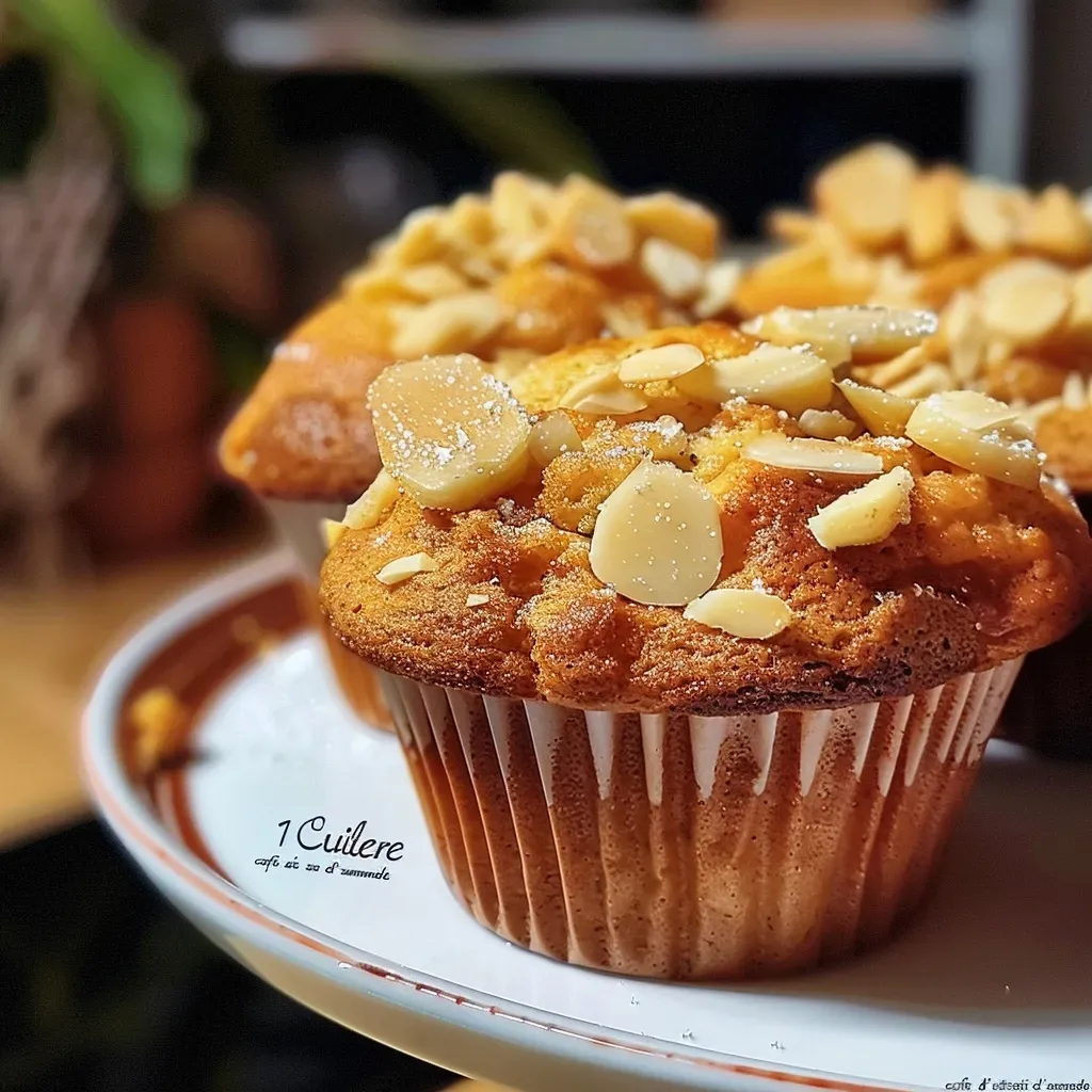 Fluffy almond muffins with a golden brown top and a soft texture.