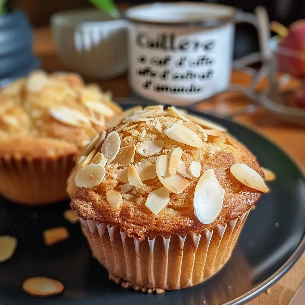 Close-up view of freshly baked almond muffins on a rustic wooden table.