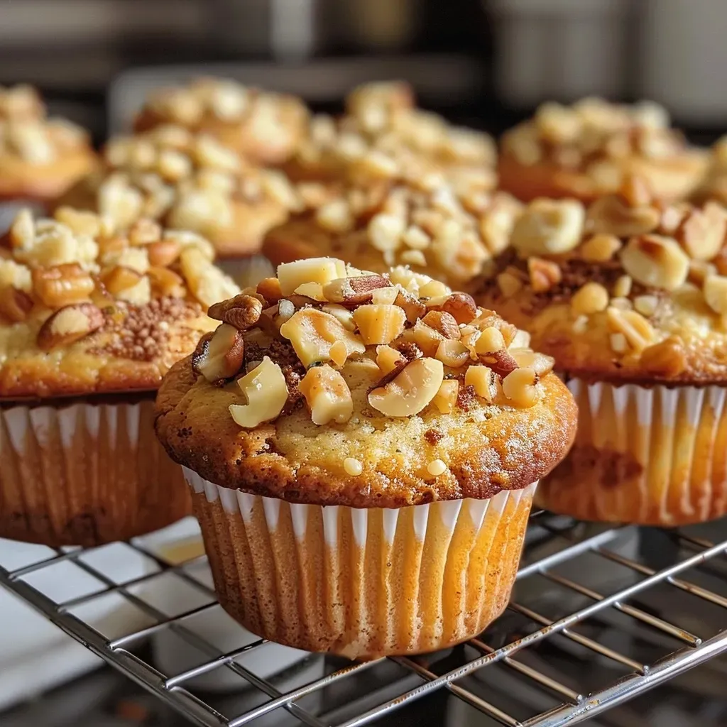 Close-up side view of golden brown muffins aux noix with a textured top.