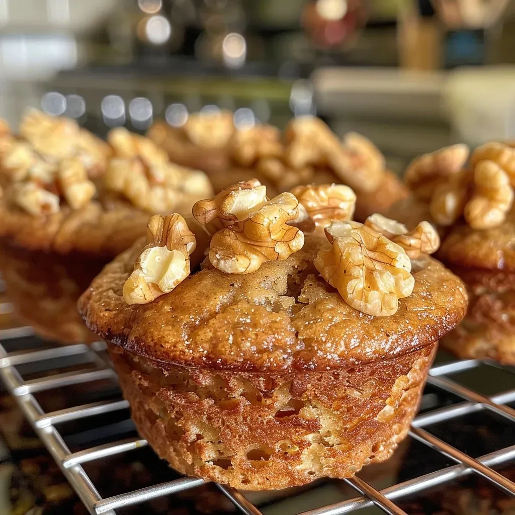 Juicy muffins aux noix displayed on a light surface, revealing chopped nuts.