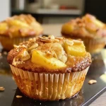 Close-up view of a muffin with apple and almond, showing a moist texture.