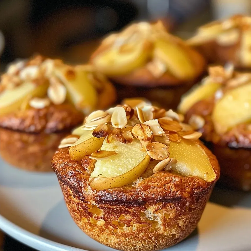 Side view of a freshly baked muffin featuring apple and almond ingredients.