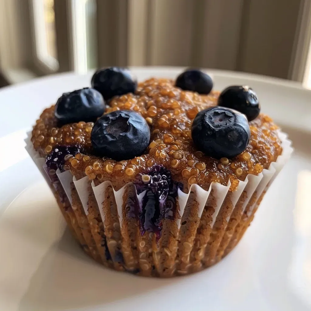 Close-up view of quinoa protein muffins with chocolate chips and blueberries.