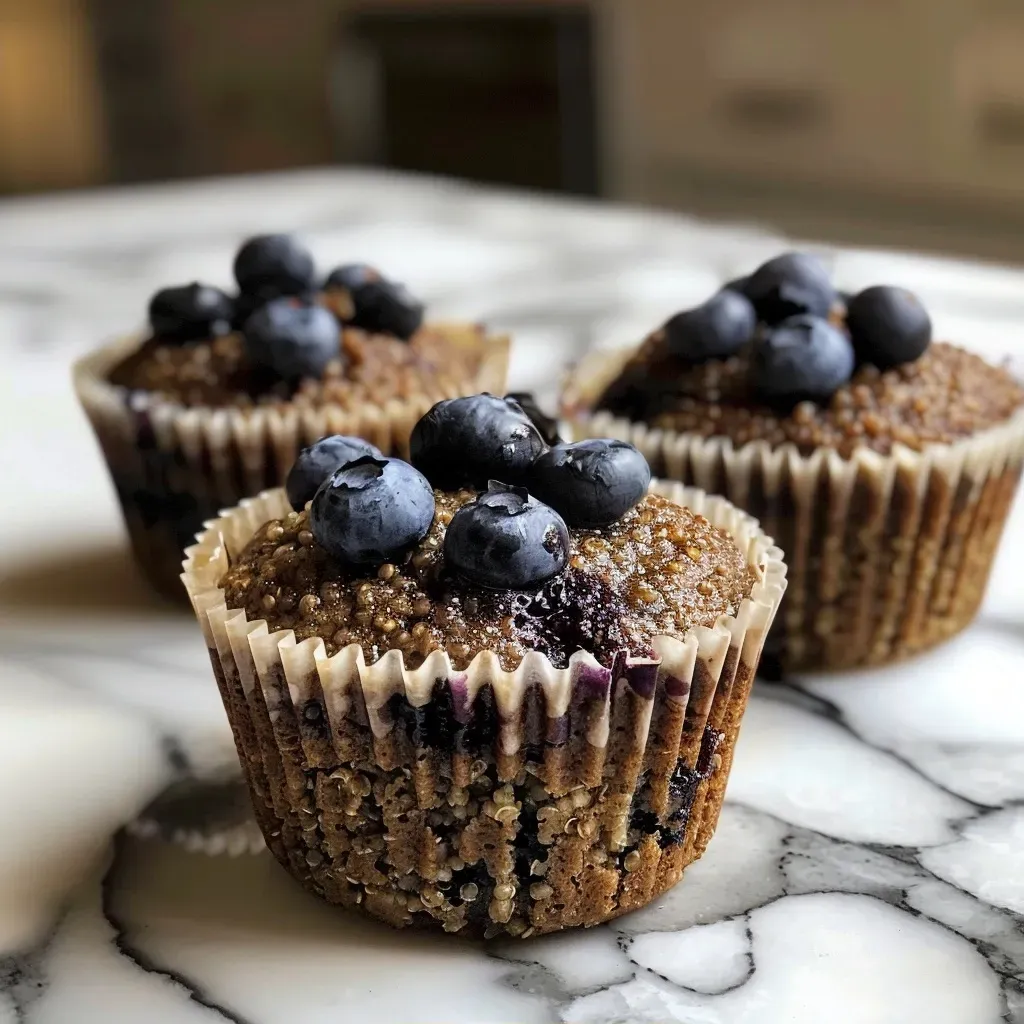 Side view of moist quinoa muffins, showcasing a golden-brown crust and berry topping.